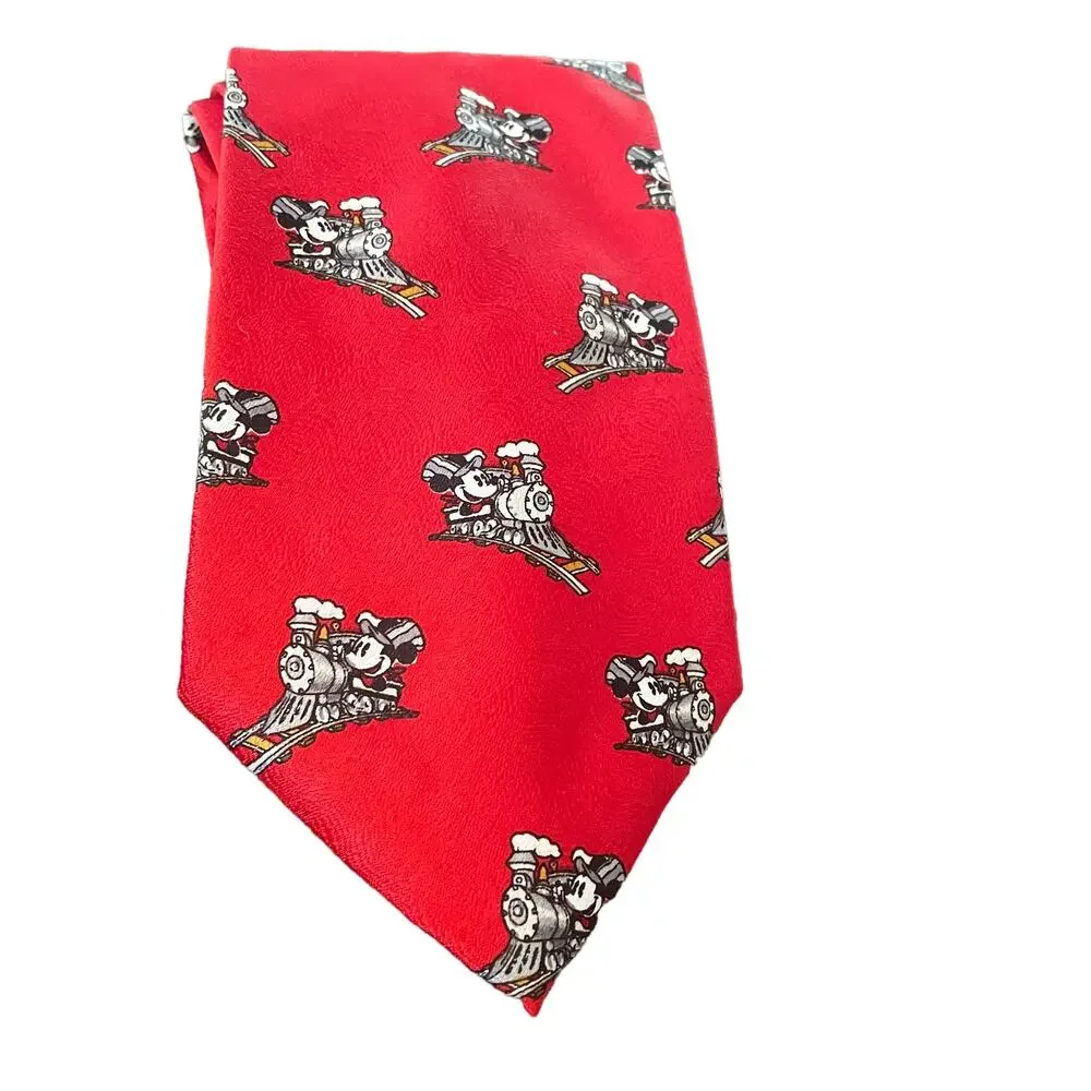 Mickey Unlimited Red Mens Tie With Mickey Mouse on a Train